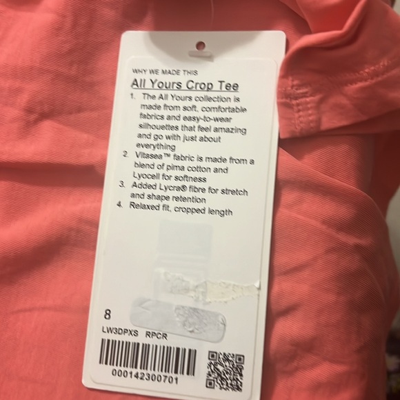 LULULEMON ALL YOURS CROP TEE RASBERRY CREAM COLOR SIZE 8 NWT - Picture 3 of 4